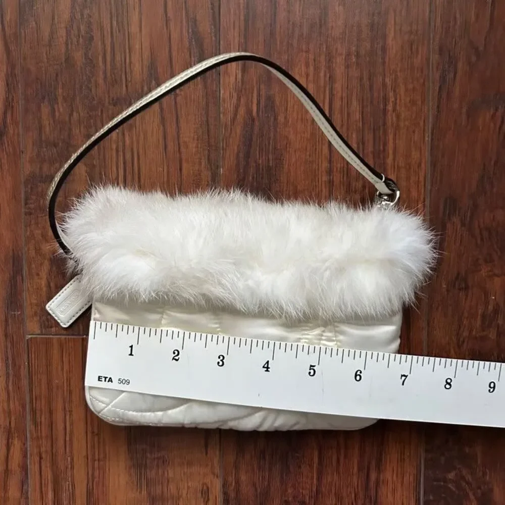 Coach Rabbit Fur Trim Pochette Baguette White Quilted Satin Y2K Mini Handbag